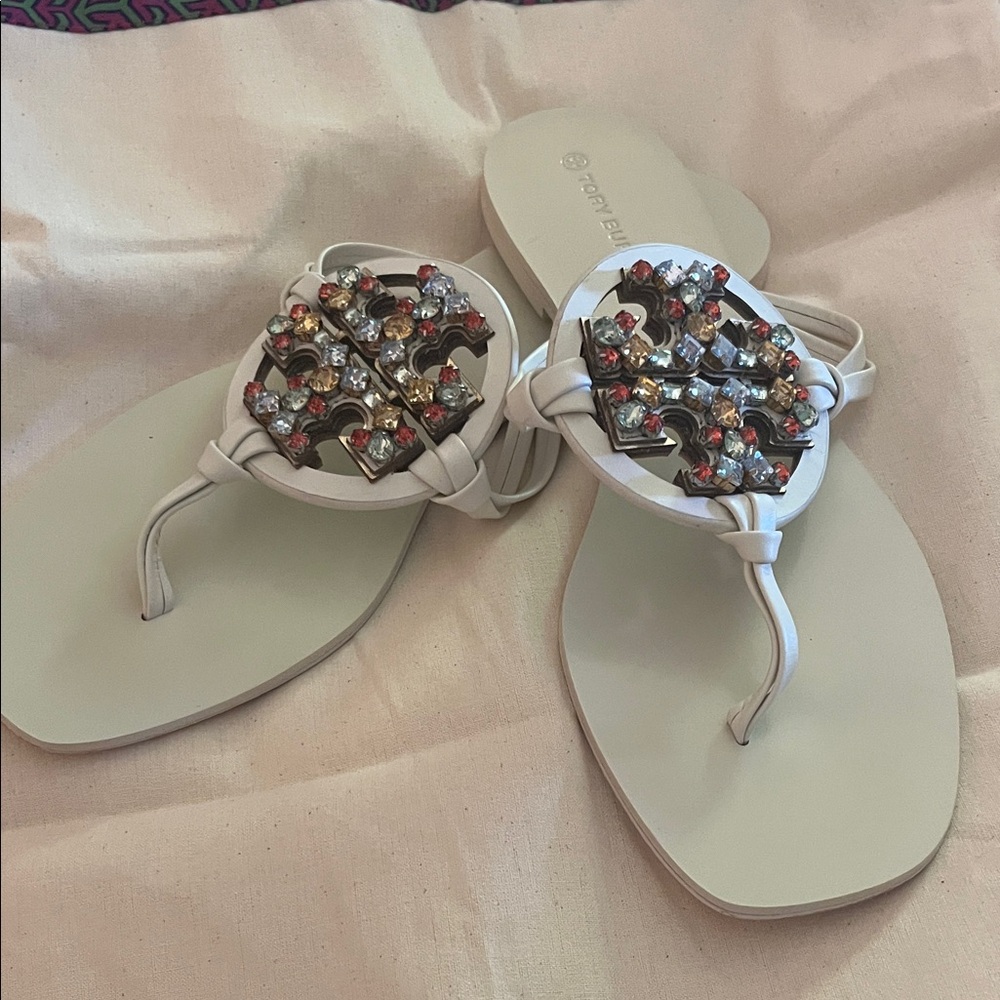 Tory Burch Cream Sandals with Embellished Medallion includes bag